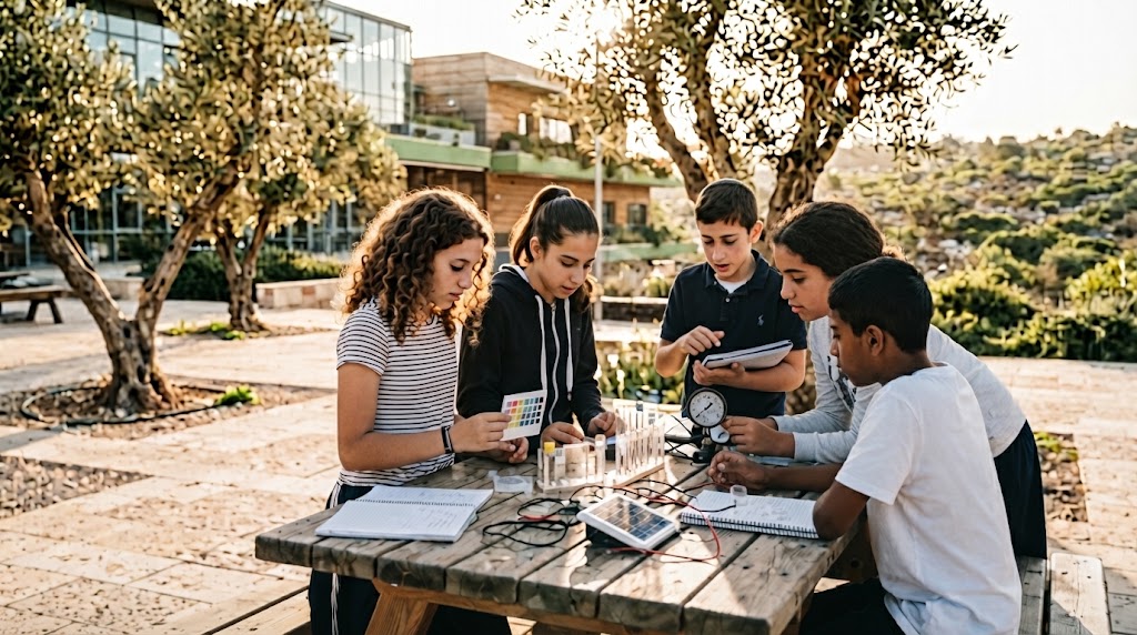 תלמידים עובדים יחד על ניסוי מדעי בקמפוס מנור אילון